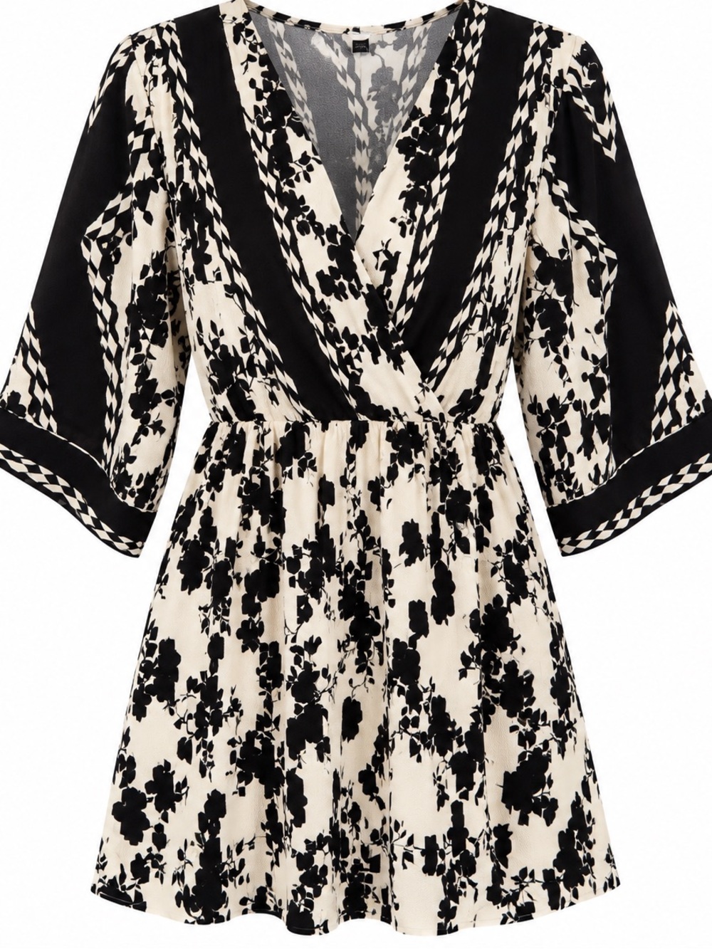 CAbi Black and Cream Floral Wrap Mini Dress
